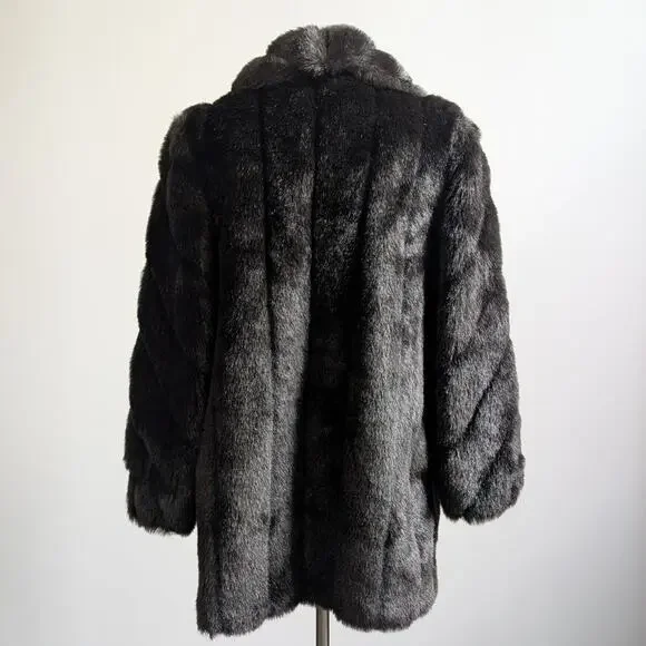 Vintage Black Faux Fur Coat Fur Trim Jacket Mob Wife Minimalist Goth Chic Medium - Picture 2 of 12